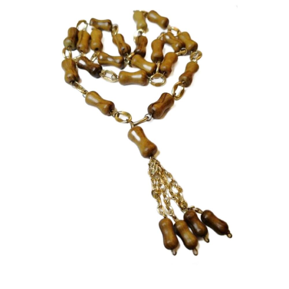 Vintage Olive Wood Bead Tassel Necklace, 1970s, 30" Long